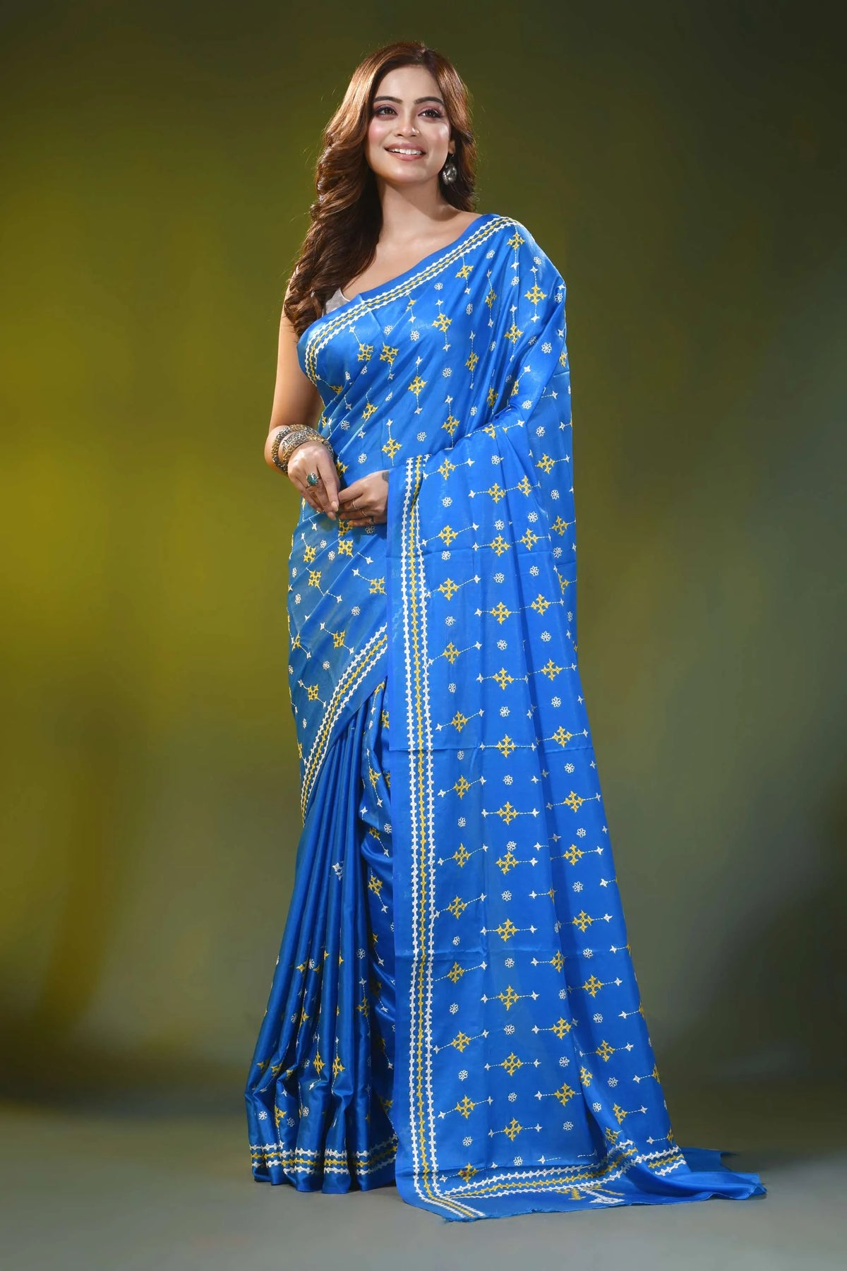 Cobalt blue ethnic motif handcrafted silk kutch work saree 6