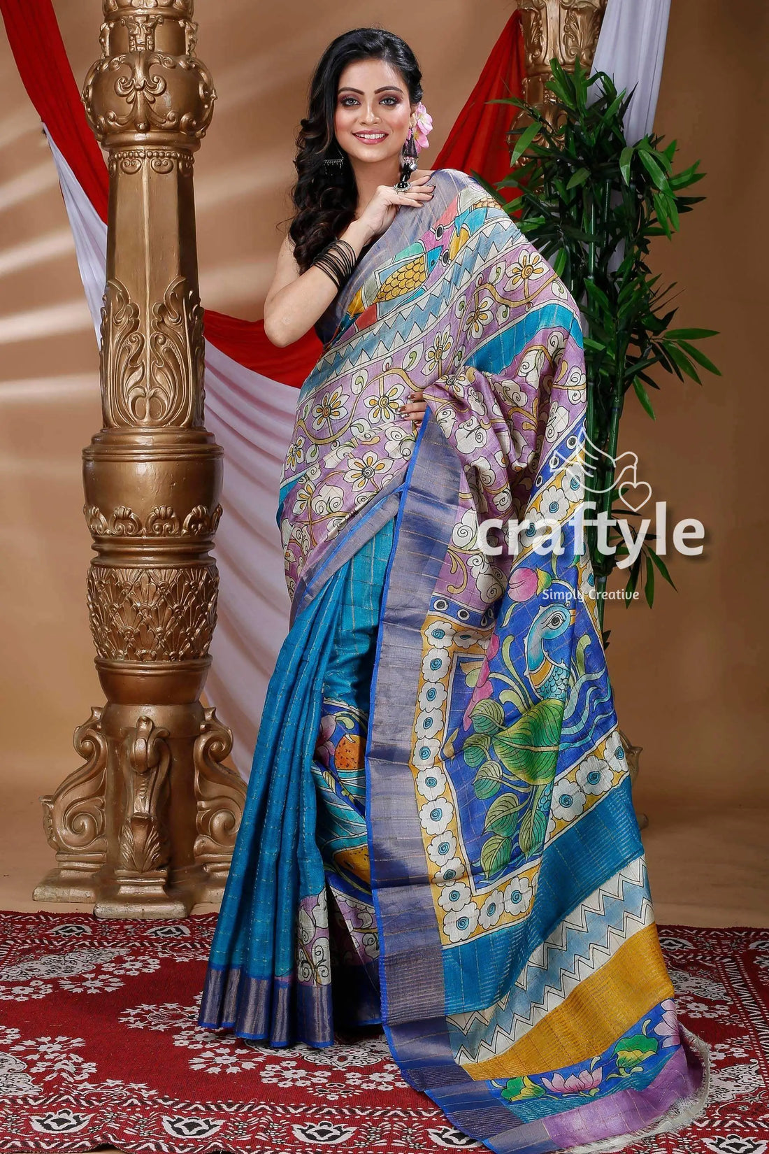 Cobalt blue hand painted zari pure tussar kalamkari saree woman blue patterned saree 1