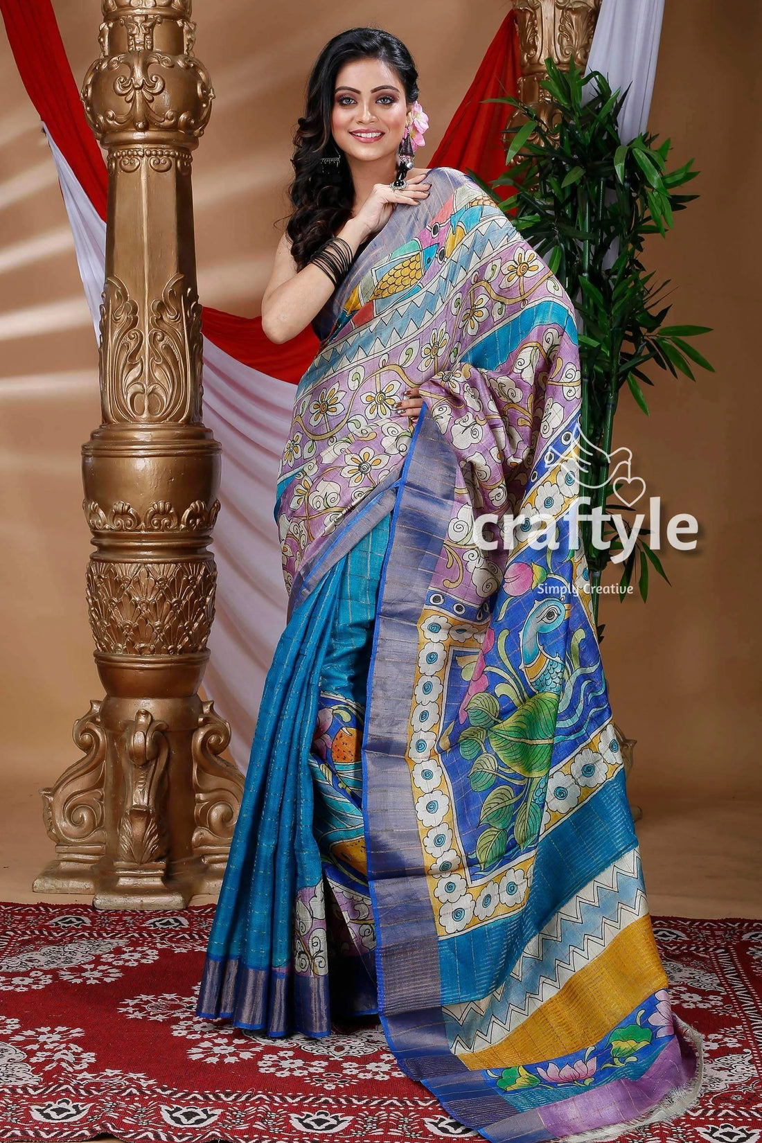 Cobalt blue hand painted zari pure tussar kalamkari saree woman patterned 1