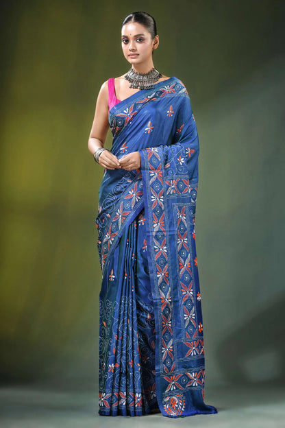Cobalt blue handmade paisley motif kantha silk saree rich adorned 1
