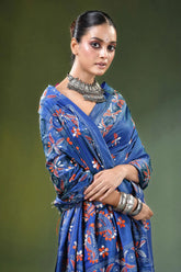 Cobalt blue handmade paisley motif kantha silk saree woman wears vibrant 2