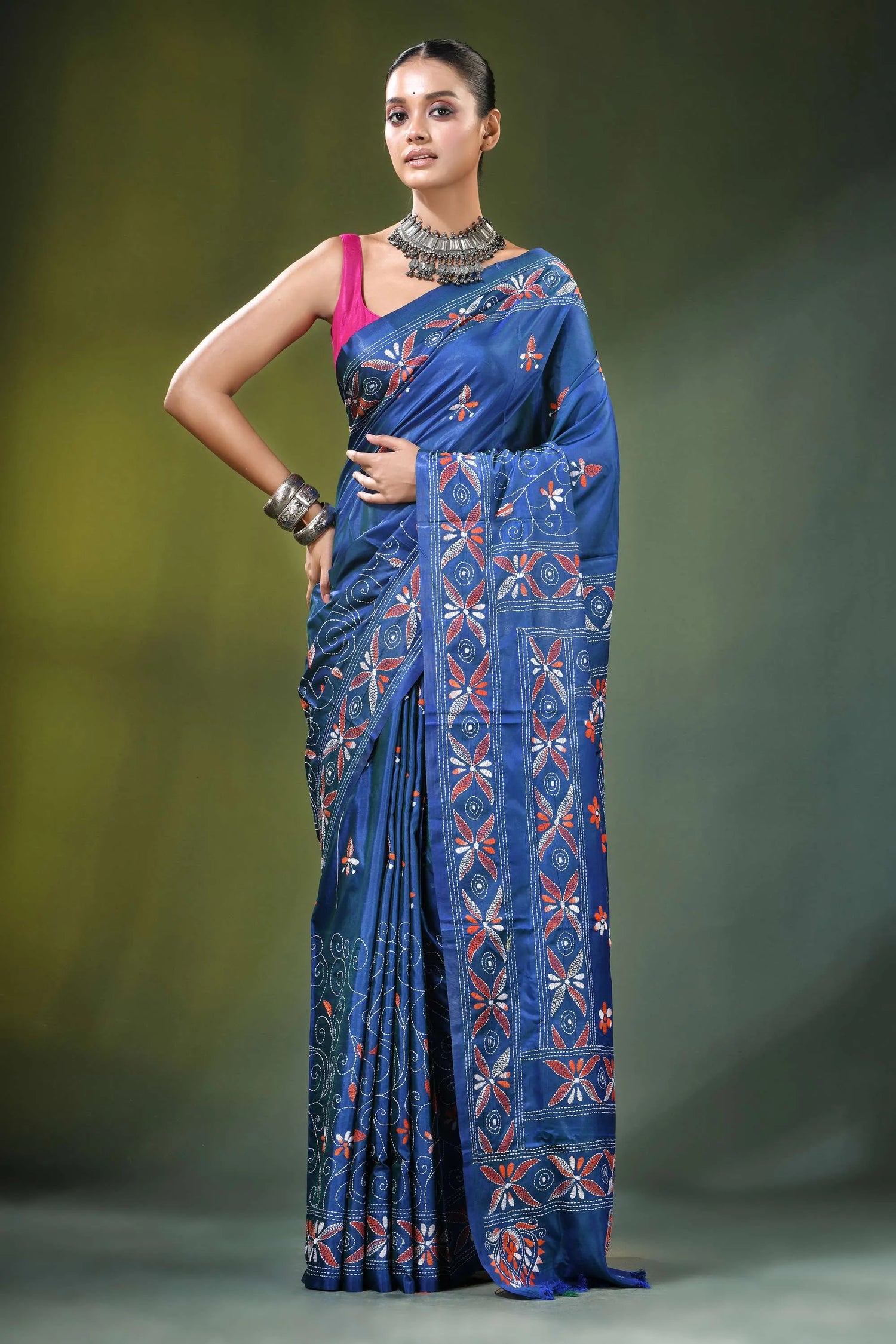 Cobalt blue handmade paisley motif kantha silk saree rich adorned 6