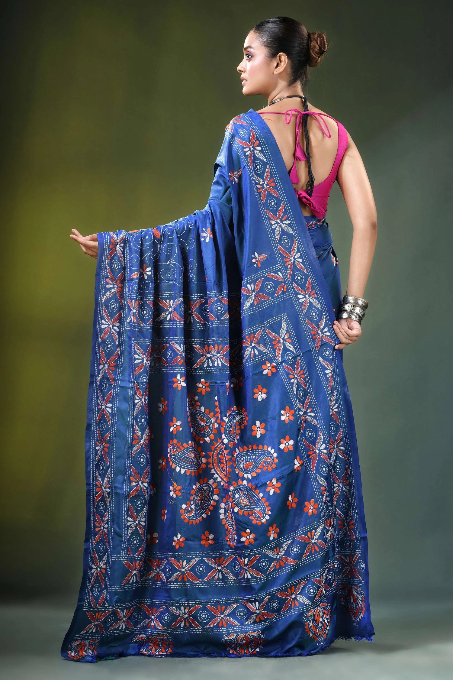 Cobalt blue handmade paisley motif kantha silk saree rich adorned 5