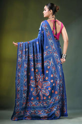 Cobalt blue handmade paisley motif kantha silk saree rich adorned 5