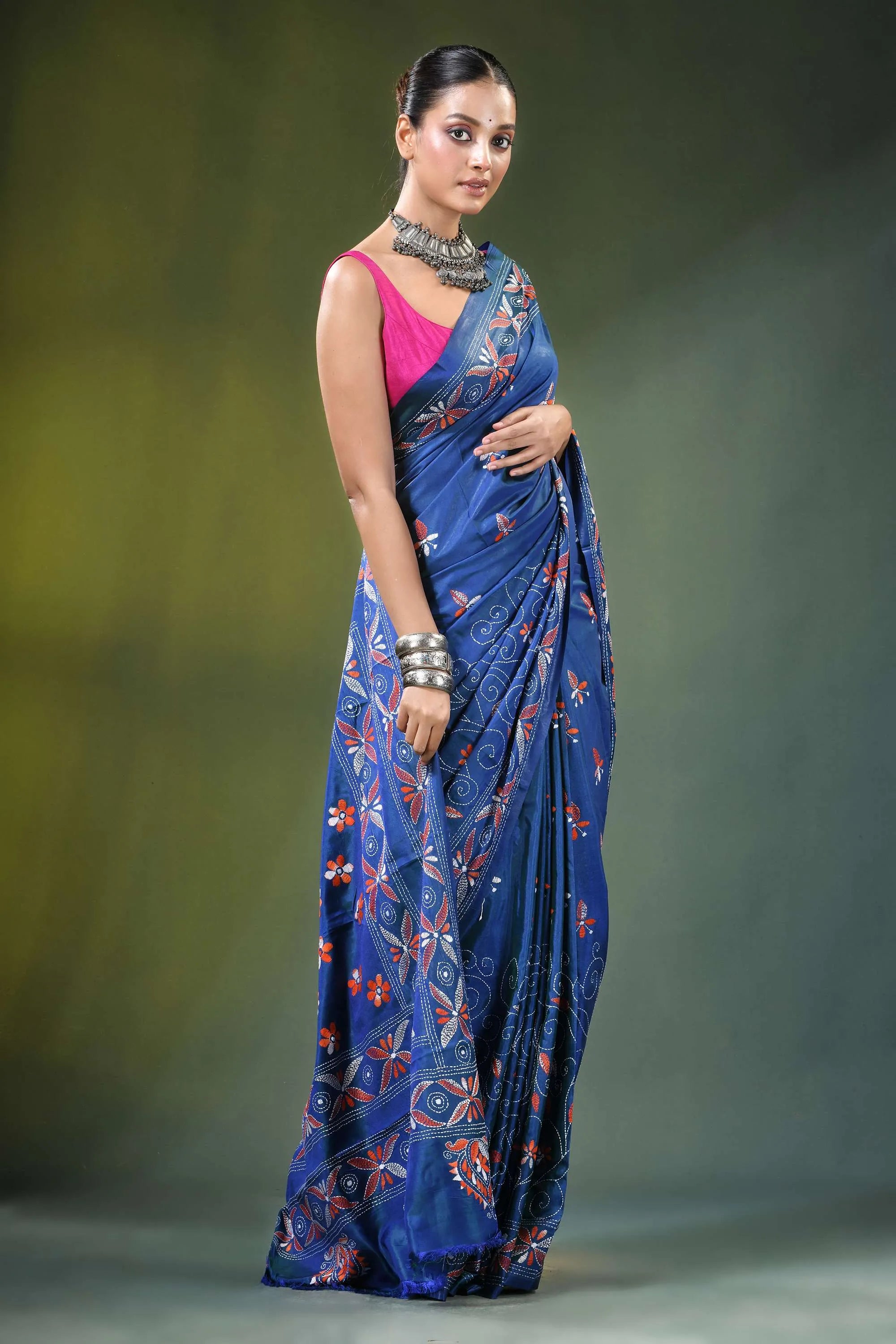 Cobalt blue handmade paisley motif kantha silk saree woman wears vibrant 4