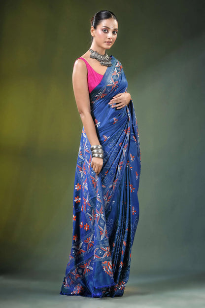 Cobalt blue handmade paisley motif kantha silk saree woman wears vibrant 4