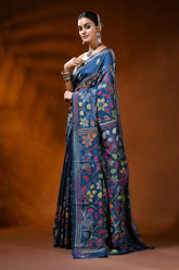 Cobalt blue handmade silk kantha saree with multicolor floral bird motif 4