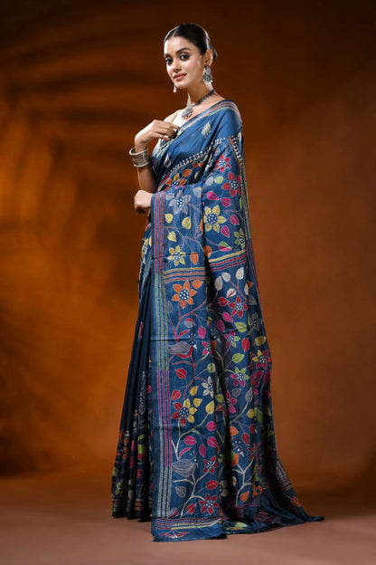 Cobalt blue handmade silk kantha saree with multicolor floral bird motif 4