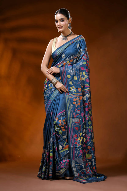 Cobalt blue handmade silk kantha saree with multicolor floral bird motif 1