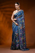 Cobalt blue handmade silk kantha saree with multicolor floral bird motif 1