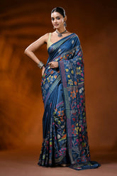 Cobalt blue handmade silk kantha saree with multicolor floral bird motif 6