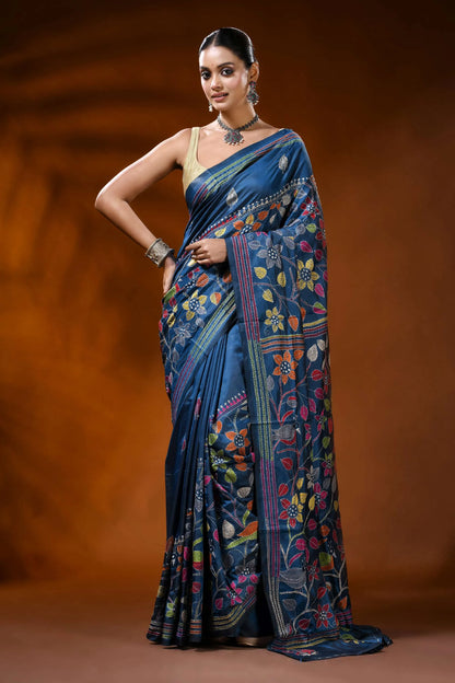 Cobalt blue handmade silk kantha saree with multicolor floral bird motif 6