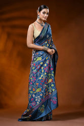 Cobalt blue handmade silk kantha saree with multicolor floral bird motif 3