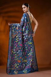 Cobalt blue handmade silk kantha saree with multicolor floral bird motif 5