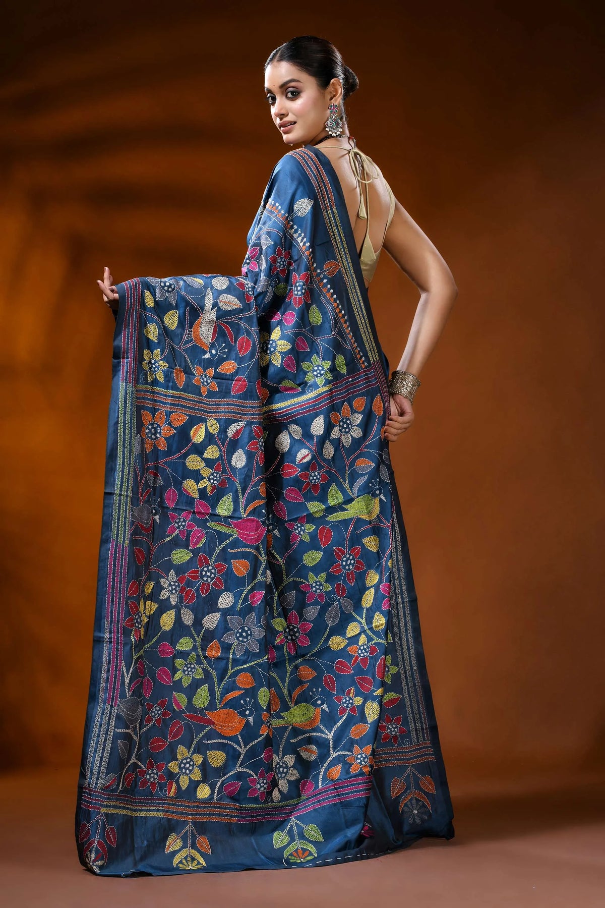 Cobalt blue handmade silk kantha saree with multicolor floral bird motif 5