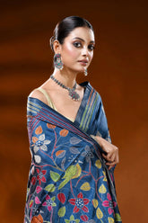 Cobalt blue handmade silk kantha saree with multicolor floral bird motif 2