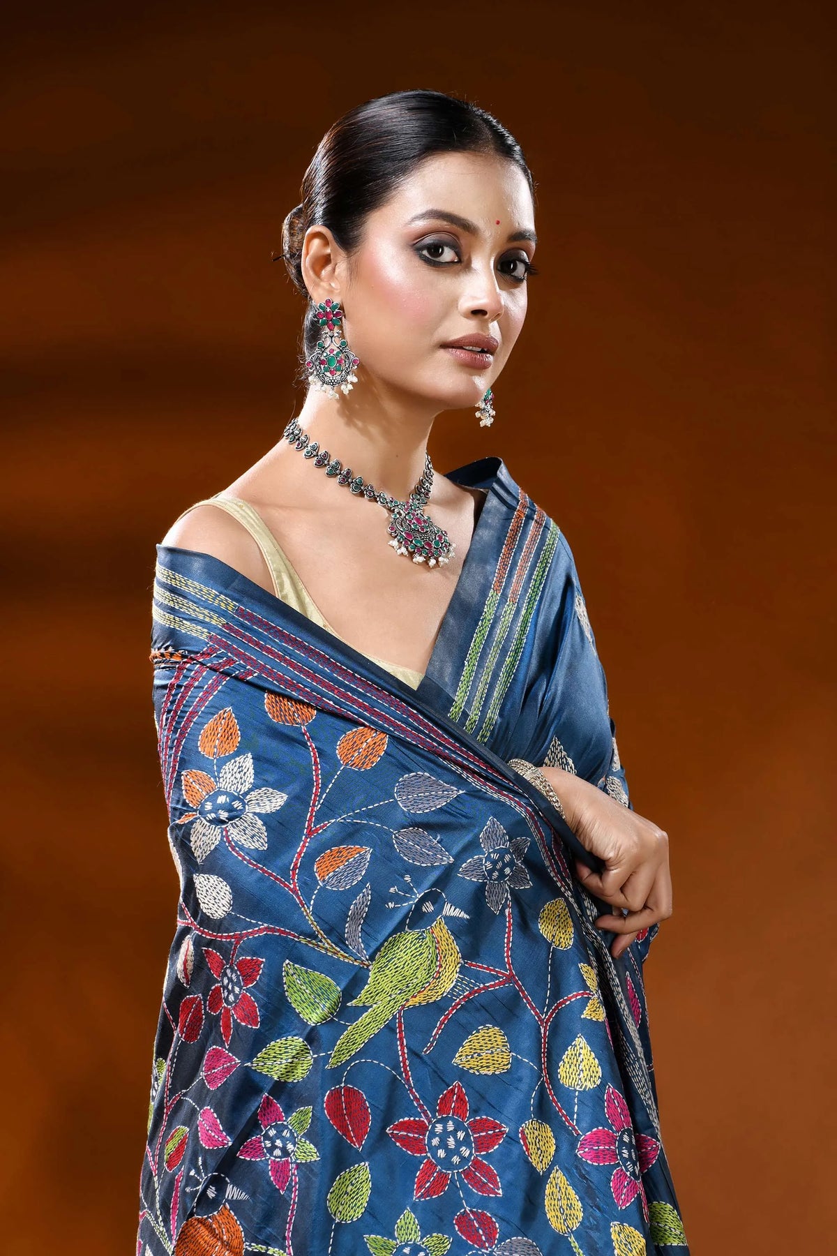 Cobalt blue handmade silk kantha saree with multicolor floral bird motif 2