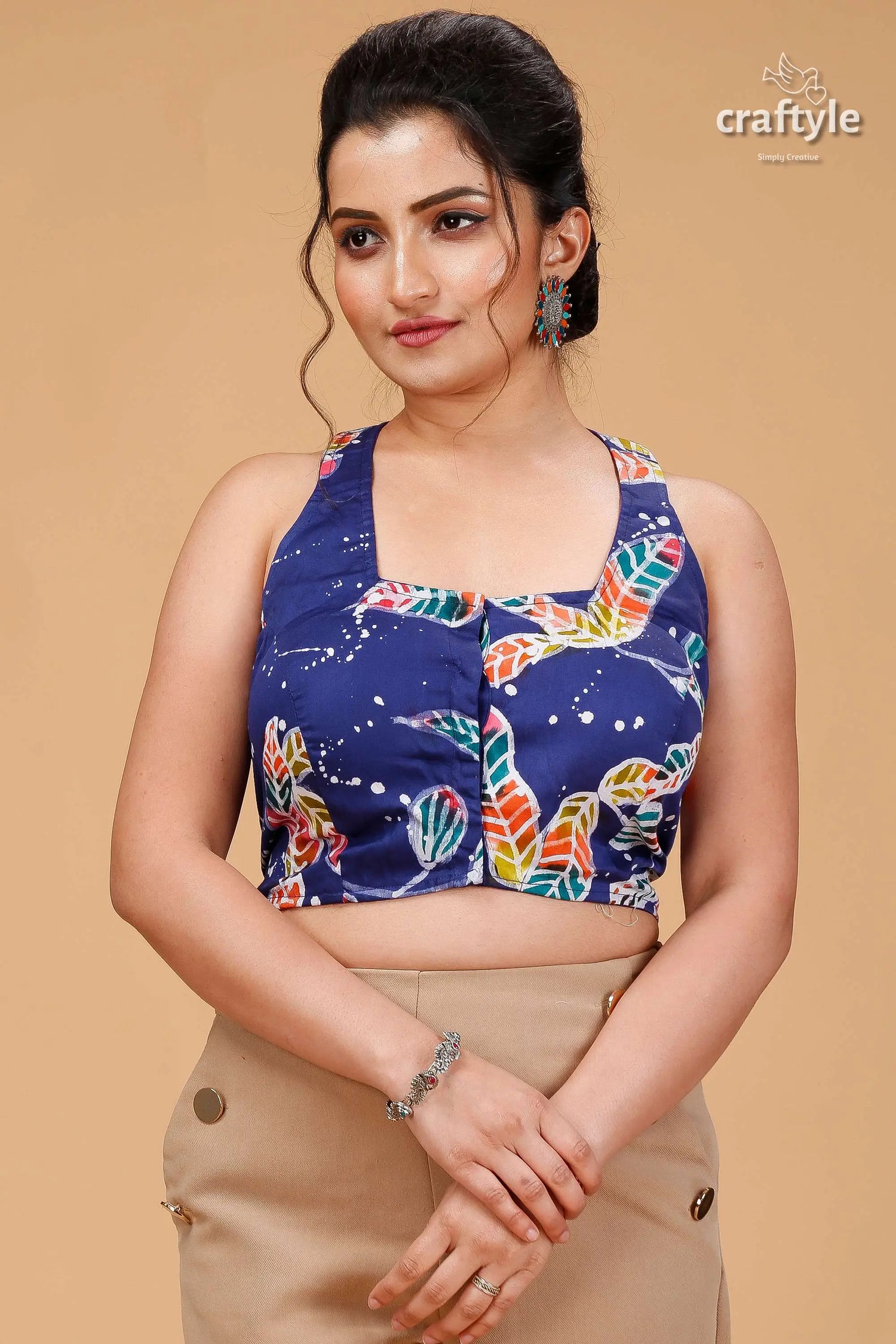 Cobalt blue leaf motif pure cotton blouse - wax batik woman blue sleeveless crop colorful 1