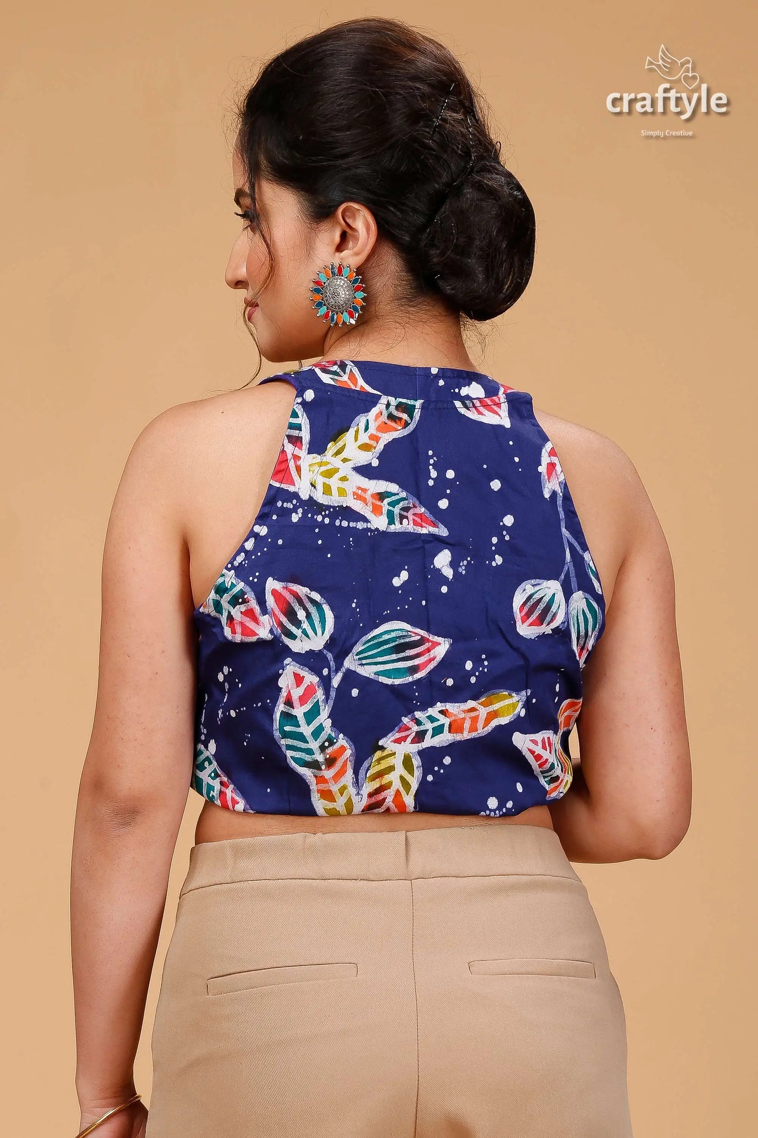 Cobalt blue leaf motif pure cotton blouse - wax batik woman blue halter-neck crop colorful 2