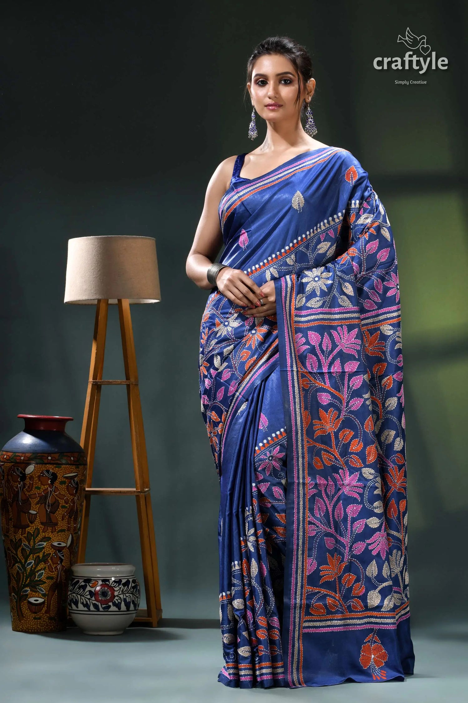 Cobalt blue multicolor leaf design kantha stitch silk saree blue floral saree orange white 1