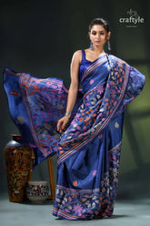 Cobalt blue multicolor leaf design kantha stitch silk saree blue purple floral saree intricate 4
