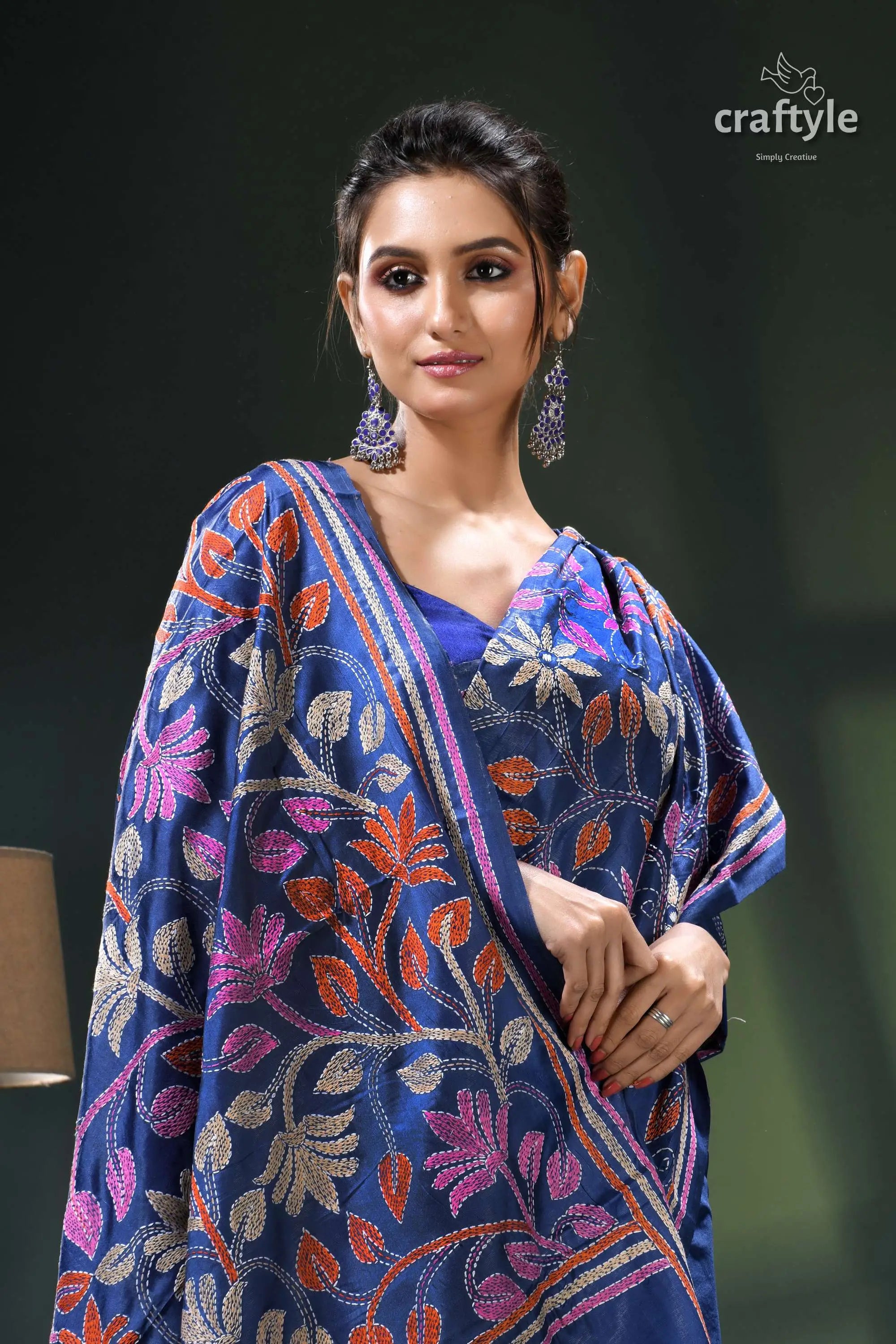 Cobalt blue multicolor leaf design kantha stitch silk saree blue floral print kaftan dress 2