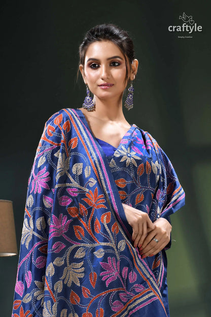 Cobalt blue multicolor leaf design kantha stitch silk saree blue floral print kaftan dress 2