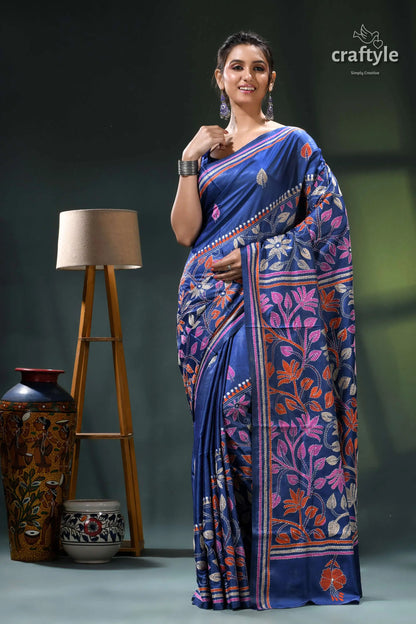 Cobalt blue multicolor leaf design kantha stitch silk saree blue floral saree intricate designs 6
