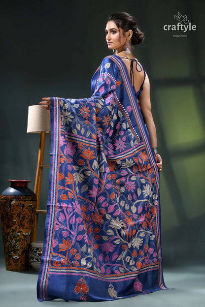 Cobalt blue multicolor leaf design kantha stitch silk saree blue floral saree intricate white 5