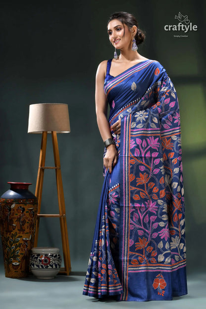Cobalt blue multicolor leaf design kantha stitch silk saree blue floral saree intricate designs 3