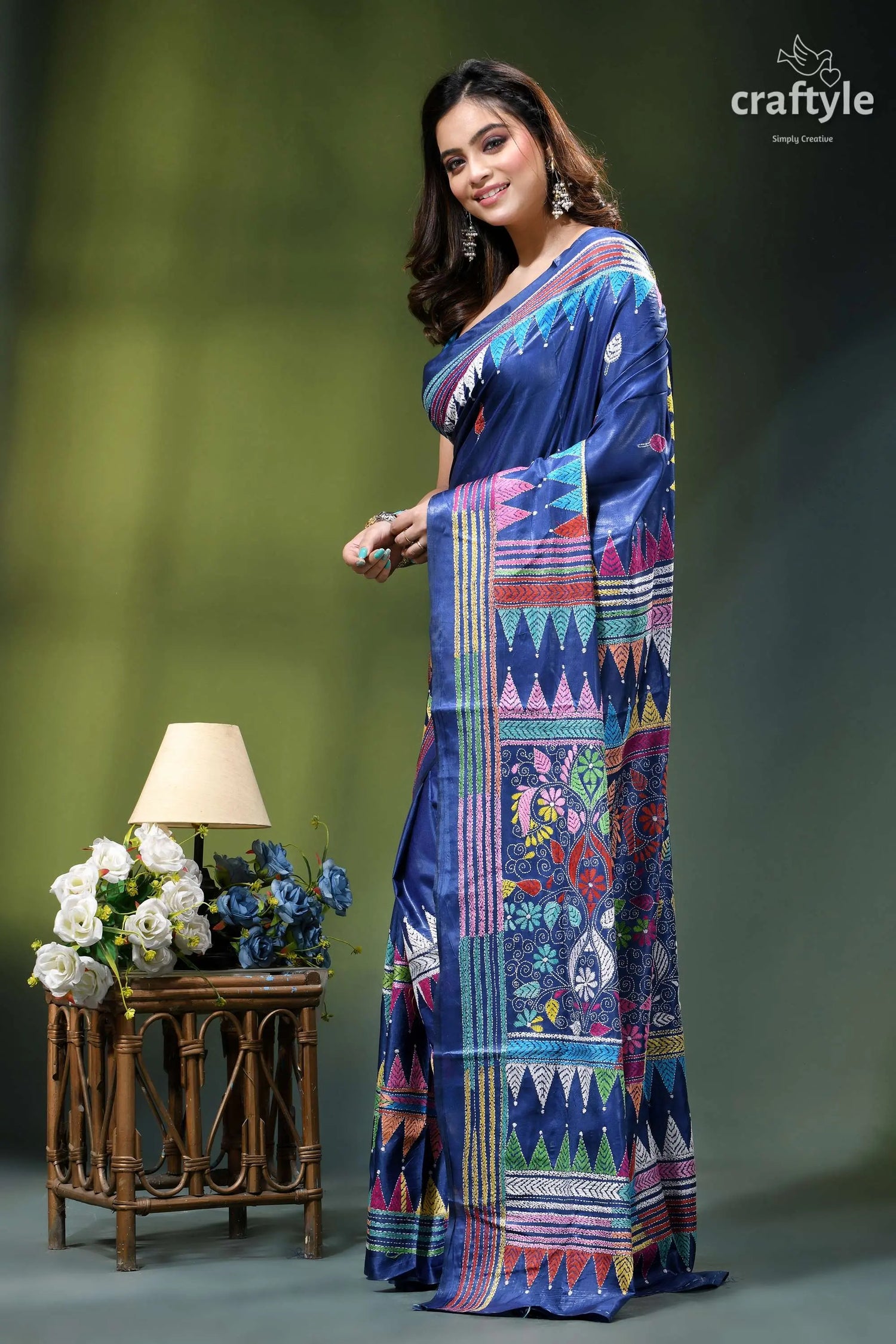 Cobalt blue premium hand kantha embroidery silk saree vibrant blue silk saree adorned 3