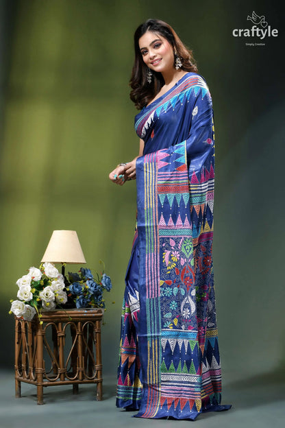 Cobalt blue premium hand kantha embroidery silk saree vibrant blue silk saree adorned 3