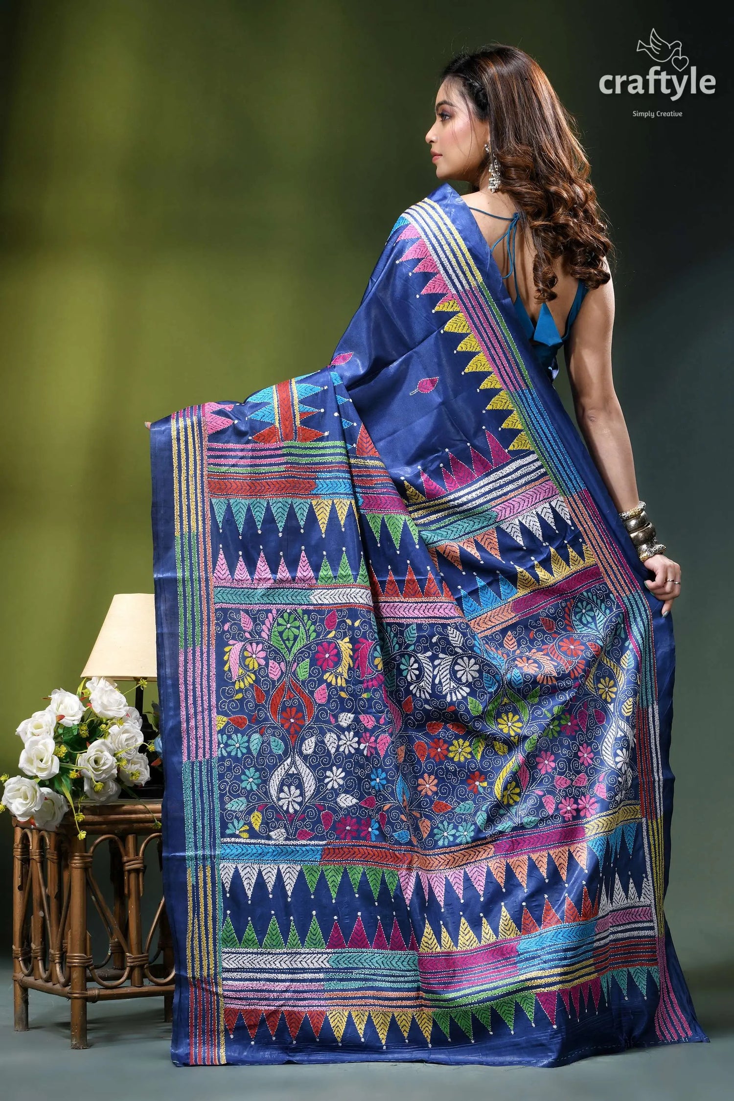 Cobalt blue premium hand kantha embroidery silk saree vibrant blue silk saree adorned 5