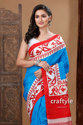 Cobalt Blue & Red Jamdani Motif Hand Block Pure Mulberry Pure Silk Saree - Craftyle