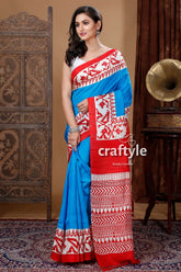 Cobalt Blue & Red Jamdani Motif Hand Block Pure Mulberry Pure Silk Saree - Craftyle