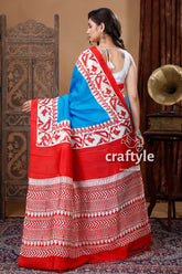 Cobalt Blue & Red Jamdani Motif Hand Block Pure Mulberry Pure Silk Saree - Craftyle