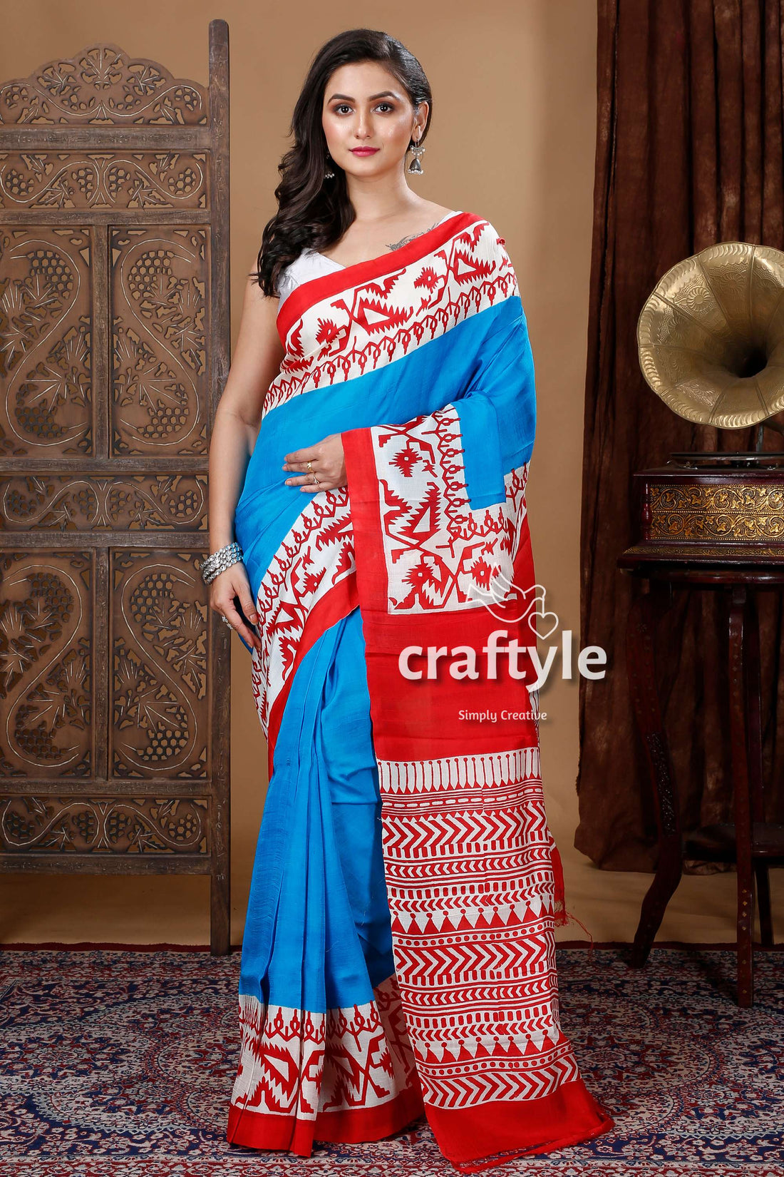 Cobalt Blue &amp; Red Jamdani Motif Hand Block Pure Mulberry Pure Silk Saree - Craftyle