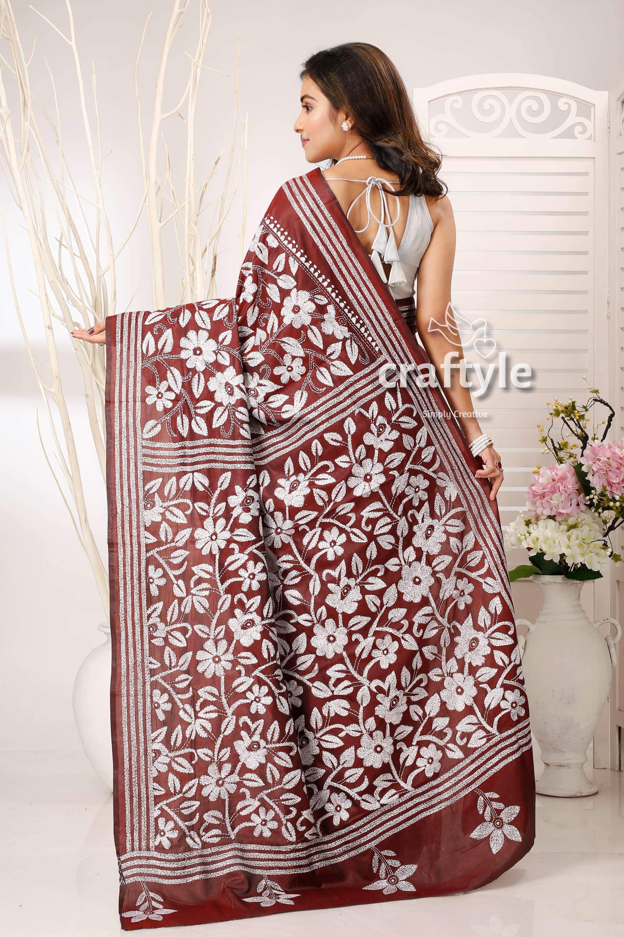 Cocoa Bean and White Floral Pattern Silk Kantha Stitch Saree - Craftyle