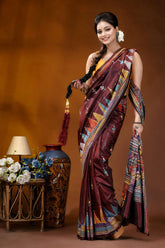 Cocoa bean geometric floral design handmade silk kantha stitch saree maroon silk saree intricate geometric 4