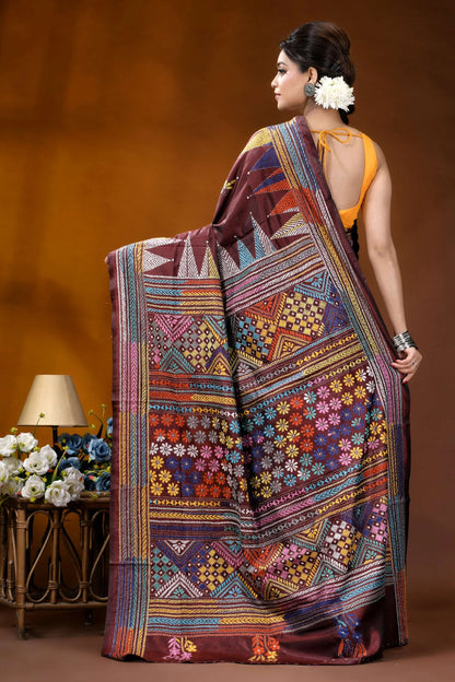 Cocoa bean geometric floral design handmade silk kantha stitch saree maroon multicolored embroidered saree intricate 5