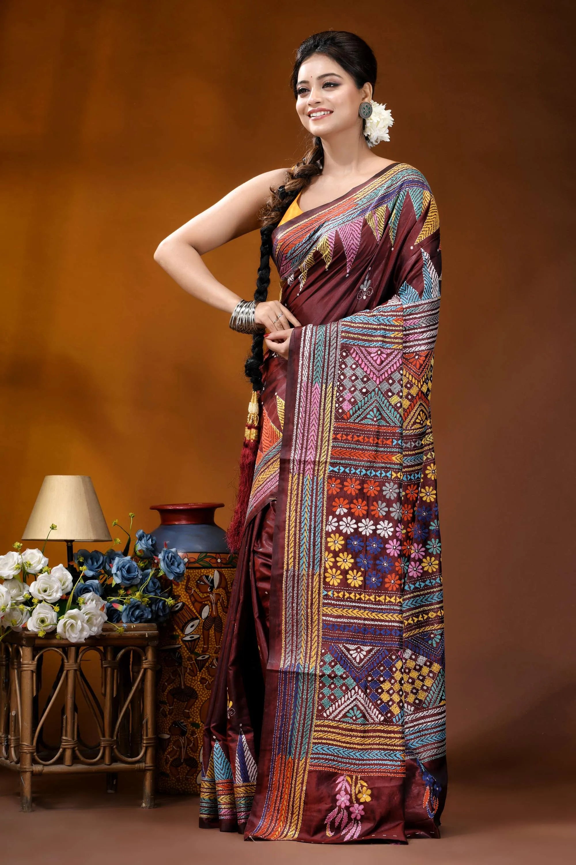 Cocoa bean geometric floral design handmade silk kantha stitch saree maroon silk saree intricate geometric 3