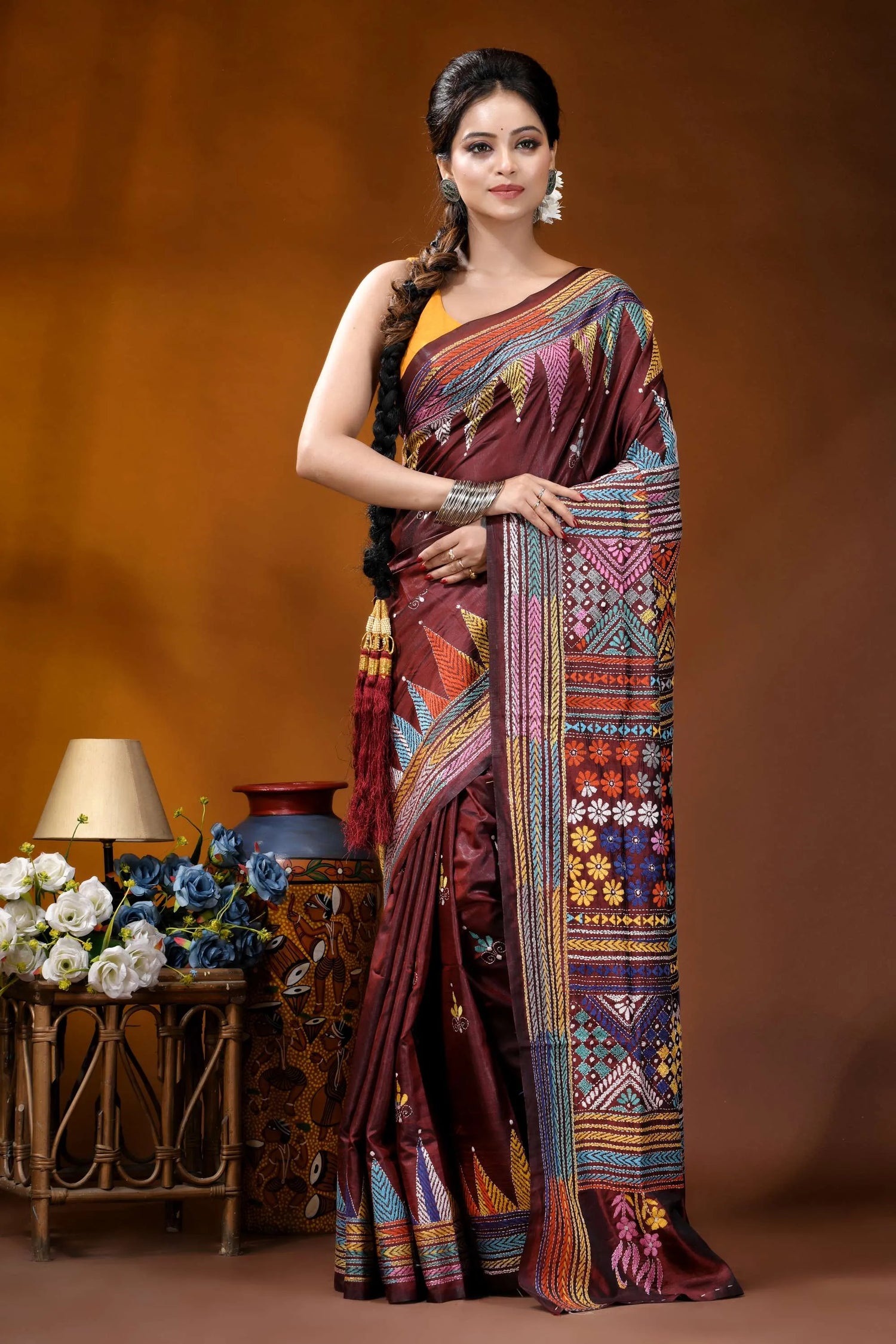 Cocoa bean geometric floral design handmade silk kantha stitch saree maroon silk saree intricate multicolored 6