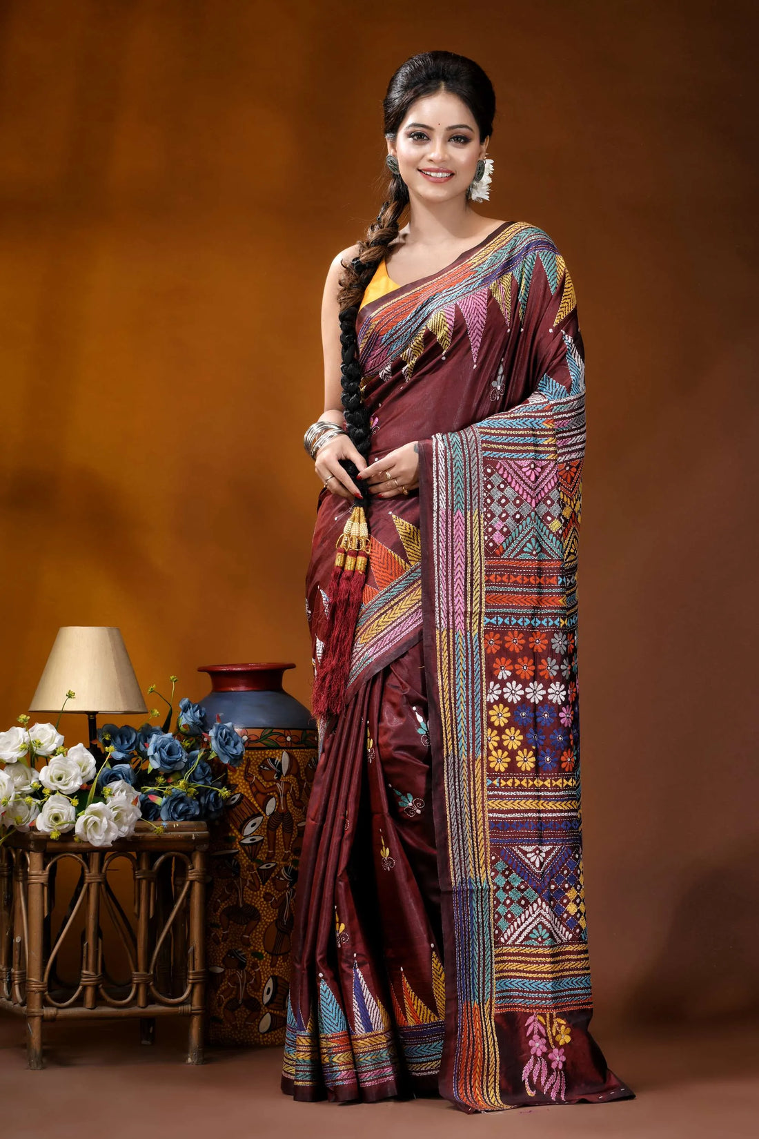Cocoa bean geometric floral design handmade silk kantha stitch saree maroon silk saree intricate multicolored 1