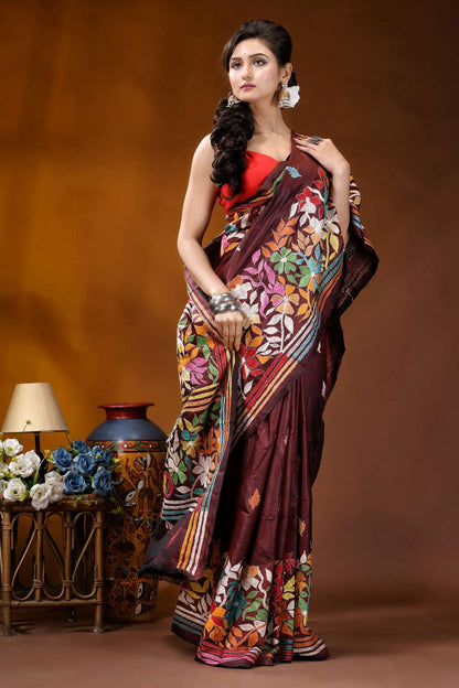 Cocoa bean hand embroidered silk kantha stitch saree - multicolor floral motif maroon silk saree adorned vibrant 4