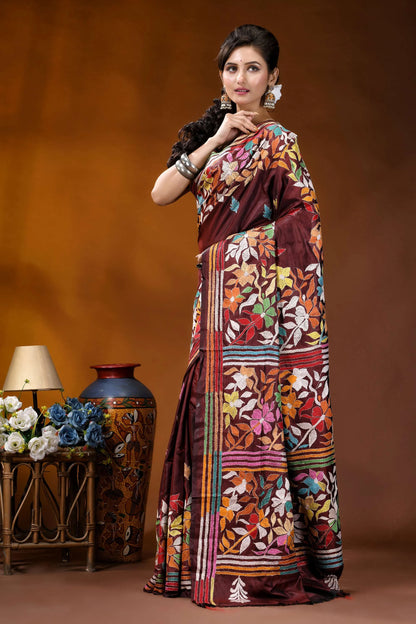 Cocoa bean hand embroidered silk kantha stitch saree - multicolor floral motif maroon silk saree adorned vibrant 3