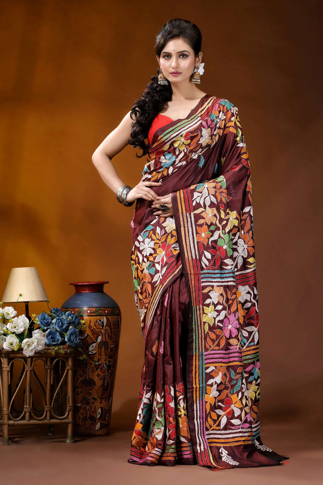 Cocoa bean hand embroidered silk kantha stitch saree - multicolor floral motif maroon silk saree adorned vibrant 1