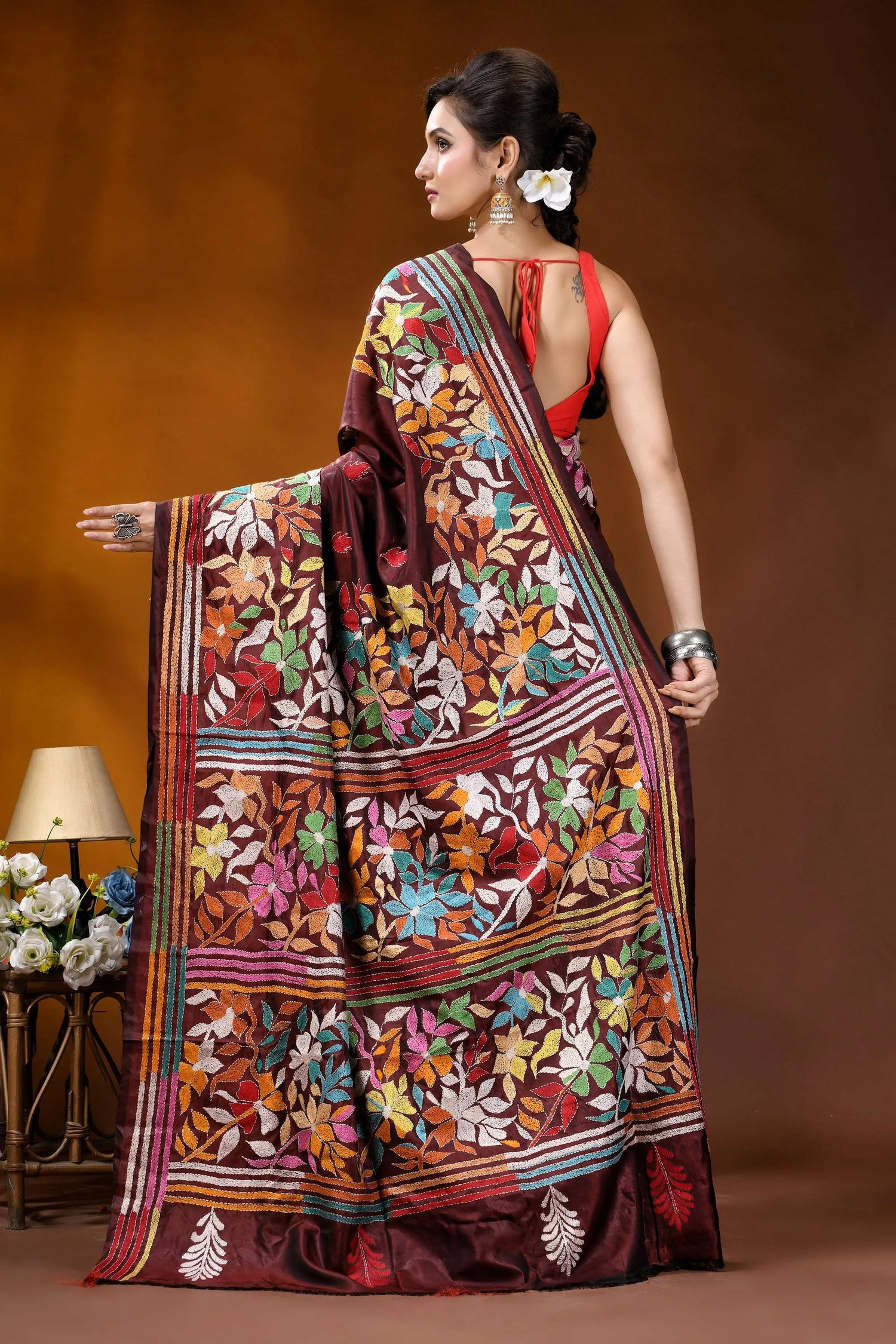 Cocoa bean hand embroidered silk kantha stitch saree - multicolor floral motif maroon silk saree adorned vibrant 5