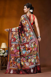 Cocoa bean hand embroidered silk kantha stitch saree - multicolor floral motif maroon silk saree adorned vibrant 5
