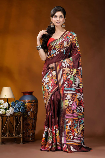 Cocoa bean hand embroidered silk kantha stitch saree - multicolor floral motif maroon silk saree intricate multicolored