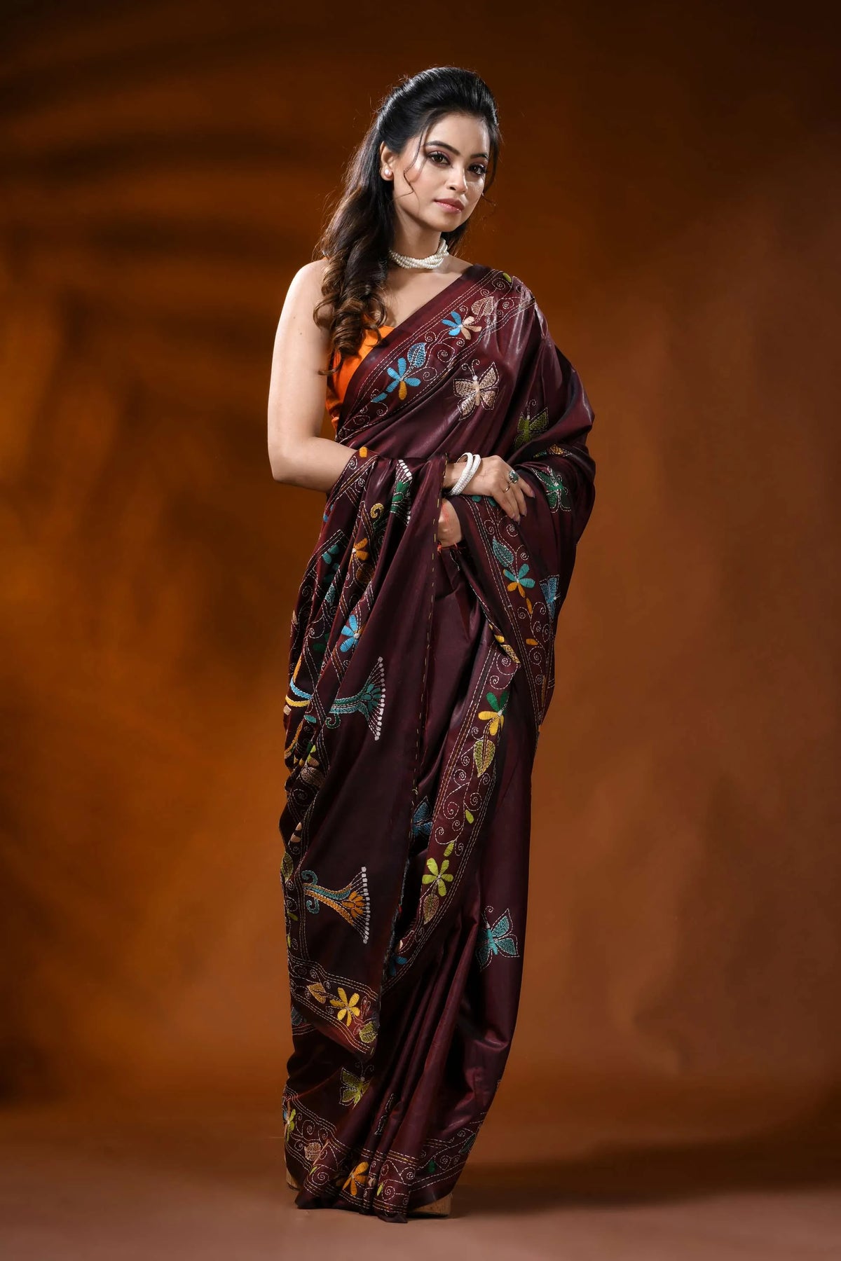Cocoa bean handcrafted silk kantha saree with butterfly floral design 4